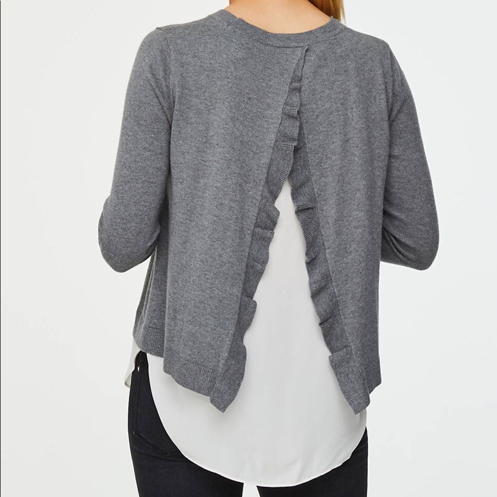 LOFT PETITE COLORBLOCK RUFFLE MIXED MEDIA SWEATER XS